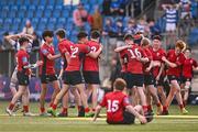 25 January 2024; CUS players celebrate at the final whistle of the Bank of Ireland Leinster Rugby Schools Father Godfrey Cup semi-final match between Good Counsel, New Ross and CUS at Energia Park in Dublin. Photo by Ben McShane/Sportsfile