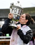 25 January 2024; Jockey Rachael Blackmore celebrates with the trophy after riding Ain't That A Shame to victory in the Goffs Thyestes Handicap Steeplechase at Gowran Park in Kilkenny. Photo by Seb Daly/Sportsfile