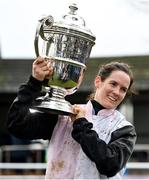 25 January 2024; Jockey Rachael Blackmore celebrates with the trophy after riding Ain't That A Shame to victory in the Goffs Thyestes Handicap Steeplechase at Gowran Park in Kilkenny. Photo by Seb Daly/Sportsfile