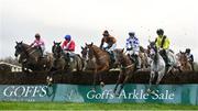 25 January 2024; Runners and riders as they jump the first during the Goffs Thyestes Handicap Steeplechase at Gowran Park in Kilkenny. Photo by Seb Daly/Sportsfile