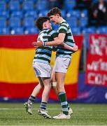25 January 2024; Shane Hanratty, left, and Daniel Lowrie of St Fintan's High School celebrate a game-winning try during the Bank of Ireland Leinster Rugby Schools Father Godfrey Cup semi-final match between St Gerard's School and St Fintan's High School at Energia Park in Dublin. Photo by Ben McShane/Sportsfile