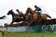 25 January 2024; Runners and riders, from left, Fakir D'alene, with Danny Gilligan up, Diol Ker, with Kieren Buckley up, and Longhouse Poet, with JJ Slevin up, during the Goffs Thyestes Handicap Steeplechase at Gowran Park in Kilkenny. Photo by Seb Daly/Sportsfile