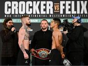 26 January 2024; Lewis Crocker, left, and Jose Felix during weigh-ins held at The Europa Hotel in Belfast, in advance of their WBO Inter-Continental Welterweight bout on November 27th at Ulster Hall in Belfast. Photo by Ramsey Cardy/Sportsfile