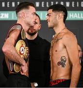 26 January 2024; Paddy Donovan, left, and Williams Andres Herrera during weigh-ins held at The Europa Hotel in Belfast, in advance of their Welterweight bout on November 27th at Ulster Hall in Belfast. Photo by Ramsey Cardy/Sportsfile