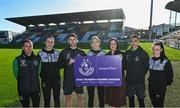 26 January 2024; Women’s Aid chief executive officer Sarah Benson, third from left, with Shamrock Rovers players, from left, Aaron McEneff, Jessica Hennessy, Lee Grace,  Stephanie Zambra, Graham Burke and Áine O'Gorman during the Shamrock Rovers Women's Aid partnership announcement at Tallaght Stadium in Dublin. Photo by Piaras Ó Mídheach/Sportsfile
