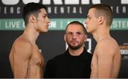 26 January 2024; Artjom Spatar, left, and Emmanuel Buttigieg during weigh-ins held at The Europa Hotel in Belfast, in advance of their Middleweight bout on November 27th at Ulster Hall in Belfast. Photo by Ramsey Cardy/Sportsfile
