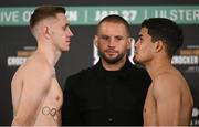 26 January 2024; Kurt Walker, left, and Darwing Martinez during weigh-ins held at The Europa Hotel in Belfast, in advance of their super-featherweight bout on November 27th at Ulster Hall in Belfast. Photo by Ramsey Cardy/Sportsfile