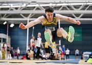 27 January 2024; Jack Forde of St Killians AC, competes in the long jump of the 18 plus men combined events during day one of the AAI Games & 123.ie National Indoor Combined Events at the National Indoor Arena in Dublin. Photo by Sam Barnes/Sportsfile