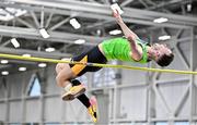 27 January 2024; Jordan Lee of Killarney Valley AC, Kerry, competes in the men's high jump during day one of the AAI Games & 123.ie National Indoor Combined Events at the National Indoor Arena in Dublin. Photo by Sam Barnes/Sportsfile