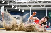 27 January 2024; Finn O'Neill of Lifford Strabane AC, Donegal , competes in the long jump of the junior 18-19 men combined events during day one of the AAI Games & 123.ie National Indoor Combined Events at the National Indoor Arena in Dublin. Photo by Sam Barnes/Sportsfile