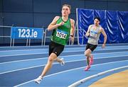 27 January 2024; Callum Baird of Ballymena and Antrim AC, left, and Cillin Greene of Galway City Harriers AC, compete in the men's 400m during day one of the AAI Games & 123.ie National Indoor Combined Events at the National Indoor Arena in Dublin. Photo by Sam Barnes/Sportsfile