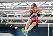 27 January 2024; Ben Donovan of Cork Track Club AC, competes in the long jump of the 18 plus men combined events during day one of the AAI Games & 123.ie National Indoor Combined Events at the National Indoor Arena in Dublin. Photo by Sam Barnes/Sportsfile