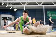 27 January 2024; Oisin O Regan of Killarney Valley AC, Kerry, competes in the long jump of the Junior 18-19 men combined events during day one of the AAI Games & 123.ie National Indoor Combined Events at the National Indoor Arena in Dublin. Photo by Sam Barnes/Sportsfile