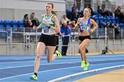 27 January 2024; Niamh Kearney of Raheny Shamrock AC, Dublin, left, and Amy O&quot;Donoghue of Dundrum South Dublin AC,  compete in the women's 1500m during day one of the AAI Games & 123.ie National Indoor Combined Events at the National Indoor Arena in Dublin. Photo by Sam Barnes/Sportsfile