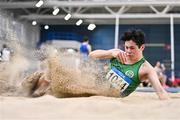 27 January 2024; Tadhg Stephenson-Wong of Cabinteely AC, Dublin, competes in the men's long jump during day one of the AAI Games & 123.ie National Indoor Combined Events at the National Indoor Arena in Dublin. Photo by Sam Barnes/Sportsfile