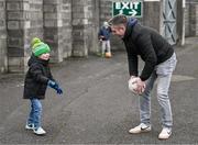 27 January 2024; Meath supporter Chris Bermingham and his son Eoin Bermingham, aged, 5, play a game of football at half-time during the Allianz Football League Division 2 match between Meath and Fermanagh at Páirc Tailteann in Navan, Meath. Photo by Tyler Miller/Sportsfile