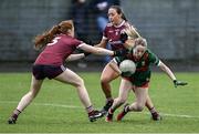 27 January 2024; Lisa Cafferky of Mayo in action against Sarah Ní Loingsigh, left, and Kate Geraghty of Galway during the Lidl LGFA National League Division 1 Round 2 match between Galway and Mayo at Duggan Park in Ballinasloe, Galway. Photo by Piaras Ó Mídheach/Sportsfile