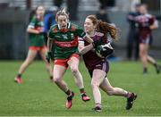 27 January 2024; Sarah Ní Loingsigh of Galway in action against Lisa Cafferky of Mayo during the Lidl LGFA National League Division 1 Round 2 match between Galway and Mayo at Duggan Park in Ballinasloe, Galway. Photo by Piaras Ó Mídheach/Sportsfile