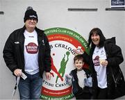 27 January 2024; Kildare supporters Brendan and Mag Ryan with their grandson Ryan Delaney from Newbridge, Kildare arrives before the Allianz Football League Division 2 match between Kildare and Cavan at Netwatch Cullen Park in Carlow. Photo by David Fitzgerald/Sportsfile