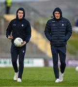 27 January 2024; Ronan Buckley, left, and Jason Foley of Kerry walk the pitch before the Allianz Football League Division 1 match between Kerry and Derry at Austin Stack Park in Tralee, Kerry. Photo by Brendan Moran/Sportsfile