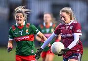 27 January 2024; Ailbhe Davoren of Galway in action against Danielle Caldwell of Mayo during the Lidl LGFA National League Division 1 Round 2 match between Galway and Mayo at Duggan Park in Ballinasloe, Galway. Photo by Piaras Ó Mídheach/Sportsfile
