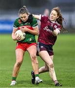 27 January 2024; Sinéad Walsh of Mayo in action against Sarah Ní Loingsigh of Galway during the Lidl LGFA National League Division 1 Round 2 match between Galway and Mayo at Duggan Park in Ballinasloe, Galway. Photo by Piaras Ó Mídheach/Sportsfile