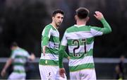 27 January 2024; Neil Farrugia, left, with his Shamrock Rovers team-mate Darragh Burns, right, after scoring a goal during the pre-season friendly match between Shamrock Rovers and Wexford at Roadstone Group Sports Club in Dublin. Photo by Stephen McCarthy/Sportsfile