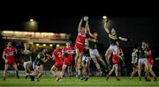 27 January 2024; Shane McGuigan of Derry catches a kickout ahead of Jason Foley and Diarmuid O'Connor of Kerry during the Allianz Football League Division 1 match between Kerry and Derry at Austin Stack Park in Tralee, Kerry. Photo by Brendan Moran/Sportsfile