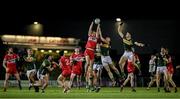 27 January 2024; Shane McGuigan of Derry catches a kickout ahead of Jason Foley and Diarmuid O'Connor of Kerry during the Allianz Football League Division 1 match between Kerry and Derry at Austin Stack Park in Tralee, Kerry. Photo by Brendan Moran/Sportsfile