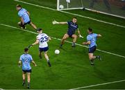 27 January 2024; Ciaran McNulty of Monaghan shoots past Dublin goalkeeper David O'Hanlon to score his side's third goal, in the 59th minute, during the Allianz Football League Division 1 match between Dublin and Monaghan at Croke Park in Dublin. Photo by Ray McManus/Sportsfile