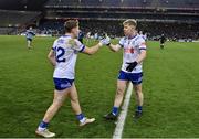 27 January 2024; Monaghan players Stephen Mooney, right, and Michael Hamill after their side's victory in the Allianz Football League Division 1 match between Dublin and Monaghan at Croke Park in Dublin. Photo by Seb Daly/Sportsfile