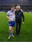 27 January 2024; Karl O'Connor of Monaghan, left, and former Ard Stiúrthóir of the GAA Paraic Duffy after the Allianz Football League Division 1 match between Dublin and Monaghan at Croke Park in Dublin. Photo by Seb Daly/Sportsfile