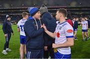 27 January 2024; Monaghan manager Vinny Corey, left, and Ryan Wylie after their side's victory in the Allianz Football League Division 1 match between Dublin and Monaghan at Croke Park in Dublin. Photo by Seb Daly/Sportsfile