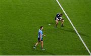 27 January 2024; Monaghan goalkeeper Darren McDonnell, right, celebrates at the final whistle after his side's victory in during the Allianz Football League Division 1 match between Dublin and Monaghan at Croke Park in Dublin. Photo by Seb Daly/Sportsfile