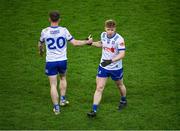 27 January 2024; Stephen Mooney of Monaghan, right, celebrates with team-mate Darragh Treanor after the Allianz Football League Division 1 match between Dublin and Monaghan at Croke Park in Dublin. Photo by Ray McManus/Sportsfile