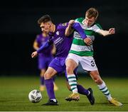 27 January 2024; Zayd Abada of Wexford and Conan Noonan of Shamrock Rovers during the pre-season friendly match between Shamrock Rovers and Wexford at Roadstone Group Sports Club in Dublin. Photo by Stephen McCarthy/Sportsfile
