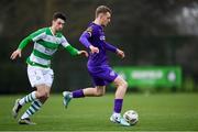 27 January 2024; James Crawford of Wexford and Neil Farrugia of Shamrock Rovers during the pre-season friendly match between Shamrock Rovers and Wexford at Roadstone Group Sports Club in Dublin. Photo by Stephen McCarthy/Sportsfile