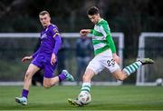 27 January 2024; Neil Farrugia of Shamrock Rovers and James Crawford of Wexford during the pre-season friendly match between Shamrock Rovers and Wexford at Roadstone Group Sports Club in Dublin. Photo by Stephen McCarthy/Sportsfile