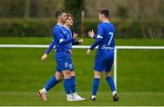 27 January 2024; Pádraig Amond of Waterford, left, celebrates with teammate Ben McCormack, 7, after scoring their side's first goal during the pre-season friendly match between Shelbourne and Waterford at AUL Complex in Clonsaugh, Dublin. Photo by Seb Daly/Sportsfile