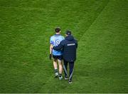 27 January 2024; Dublin manager Dessie Farrell speaks to Luke Breathnach before the Allianz Football League Division 1 match between Dublin and Monaghan at Croke Park in Dublin. Photo by Ray McManus/Sportsfile
