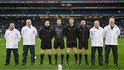 27 January 2024; Referee Paul Faloon, centre, with his assistants and umpires before the Allianz Football League Division 1 match between Dublin and Monaghan at Croke Park in Dublin. Photo by Seb Daly/Sportsfile