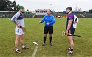 28 January 2024; Referee Owen Beehan with team captains Cianan Fahy of Galway, left, and Lee Chin of Wexford before the Dioralyte Walsh Cup Final match between Wexford and Galway at Netwatch Cullen Park in Carlow. Photo by Seb Daly/Sportsfile