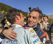 28 January 2024; Hyundai Motorsport Team Principal Cyril Abiteboul celebrates with Thierry Neuville after winning the FIA World Rally Championship at Monte Carlo in France. Photo by Philip Fitzpatrick/Sportsfile