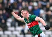 28 January 2024; Eoghan McLaughlin of Mayo celebrates scoring his side's first goal during the Allianz Football League Division 1 match between Galway and Mayo at Pearse Stadium in Galway. Photo by Piaras Ó Mídheach/Sportsfile