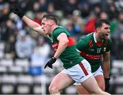 28 January 2024; Eoghan McLaughlin of Mayo celebrates alongside team-mate Aidan O'Shea, right, after scoring his side's first goal during the Allianz Football League Division 1 match between Galway and Mayo at Pearse Stadium in Galway. Photo by Piaras Ó Mídheach/Sportsfile