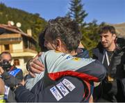 28 January 2024; Hyundai Motorsport Team Principal Cyril Abiteboul celebrates with Thierry Neuville after winning the FIA World Rally Championship at Monte Carlo in France. Photo by Philip Fitzpatrick/Sportsfile