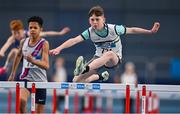 28 January 2024; J P Guerin of Midleton AC, Cork, competes in the 60m hurdles of the under 15 boys  combined events during day two of 123.ie National Indoor Combined Events at the Sport Ireland National Indoor Arena in Dublin. Photo by Sam Barnes/Sportsfile