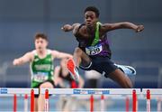 28 January 2024; Joseph Magbagbeola of Navan AC, Meath, , competes in the 60m hurdles of the under 15 boys combined events during day two of 123.ie National Indoor Combined Events at the Sport Ireland National Indoor Arena in Dublin. Photo by Sam Barnes/Sportsfile