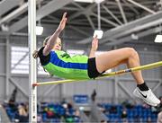 28 January 2024; Emily Ryan of Metro/St Brigids AC, Dublin, competes in the high jump of the under 14 girls combined events during day two of 123.ie National Indoor Combined Events at the Sport Ireland National Indoor Arena in Dublin. Photo by Sam Barnes/Sportsfile