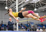 28 January 2024; Lily Anna Clover of Bandon AC, Cork, competes in the high jump of the under 14 girls combined events during day two of 123.ie National Indoor Combined Events at the Sport Ireland National Indoor Arena in Dublin. Photo by Sam Barnes/Sportsfile